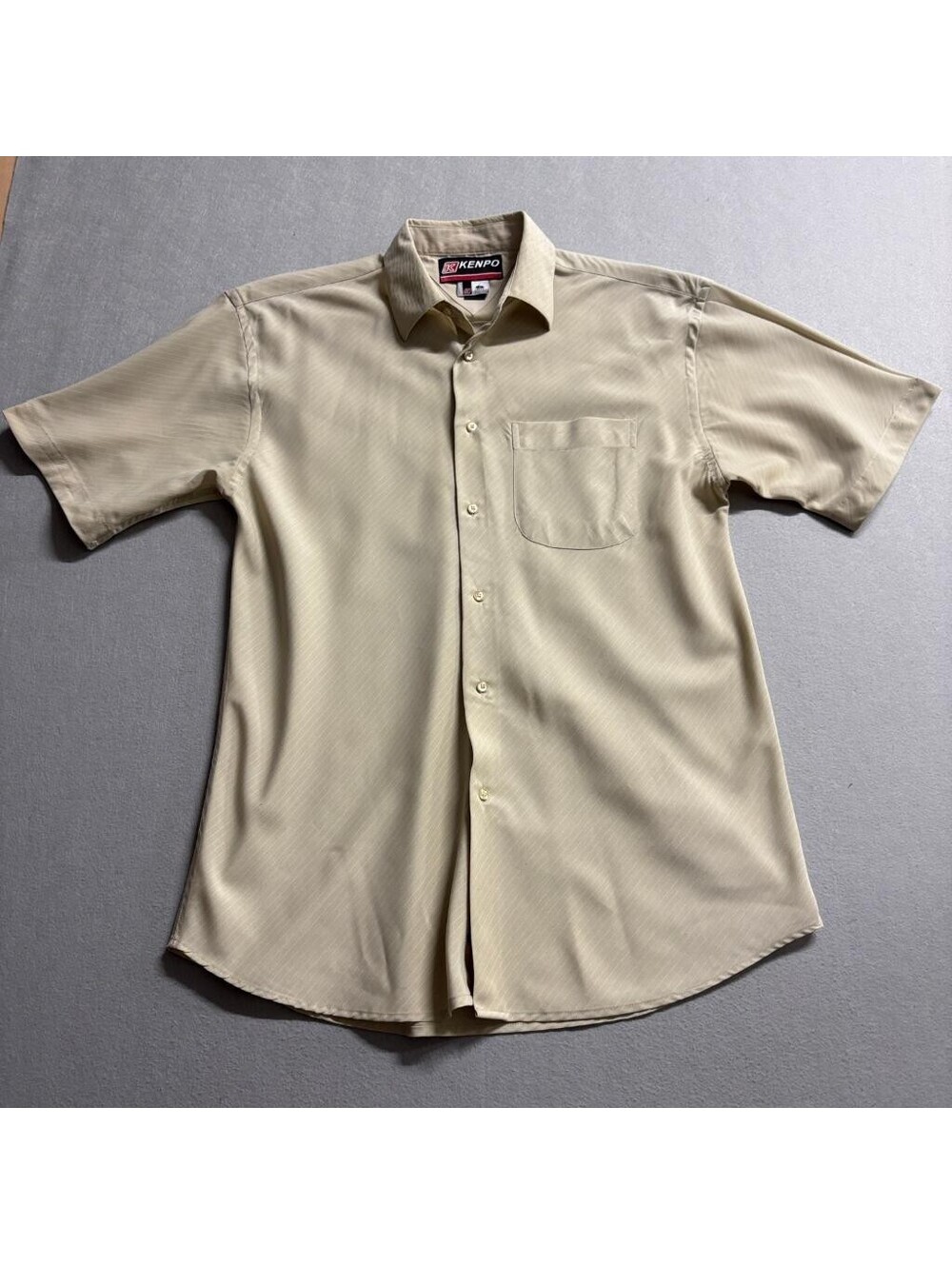 Kenpo Mens Medium Short Sleeve Button Up Shirt Beige Striped Polyester Casual